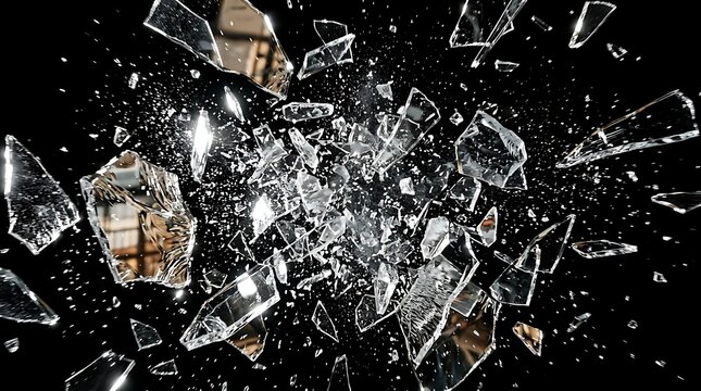 Shattered glass fragments explode outwards against a dark background, creating a dynamic and impactful visual effect.