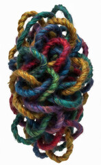 Obraz premium A visually striking abstract composition featuring a tangled mass of brightly colored, braided ropes against a clean white background, showcasing texture and vibrant hues