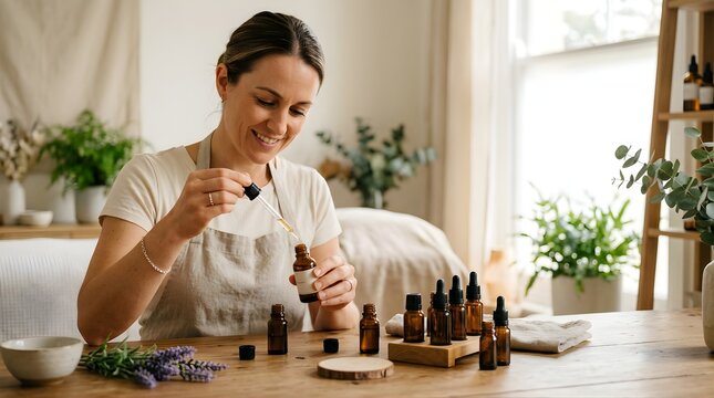 Smiling woman preparing organic essential oils in glass bottles at home
