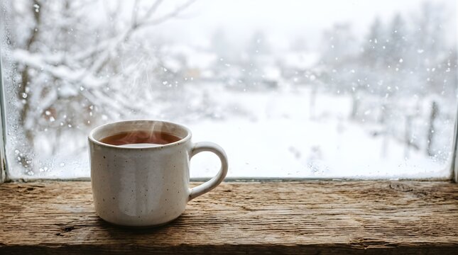 Steaming mug of hot tea on a rustic wooden windowsill during winter