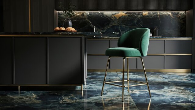 Modern green velvet bar stool in a luxury dark kitchen interior