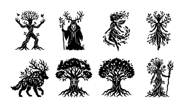 Mystical Forest Spirits, Nature Deities, Woodland Creatures, Enchanted Beings, Vector Icons