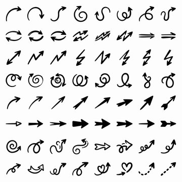 Hand-drawn ink doodle set with scribbles, spirals, zigzags, and curved arrows for artistic graphic design elements
