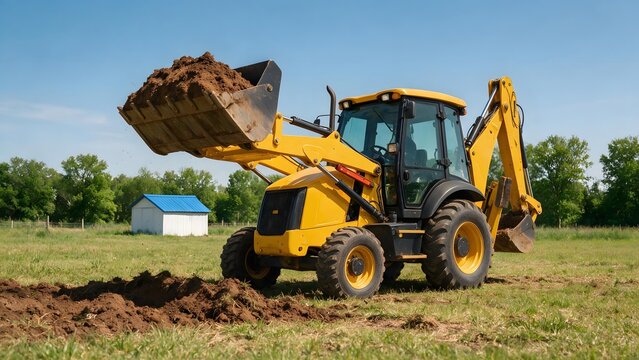 Yellow backhoe loader working on a rural construction site, with a large bucket digging soil near a haystack under a clear blue sky