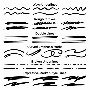 Set of hand drawn brush underlines strokes highlights and emphasis swoosh line design elements