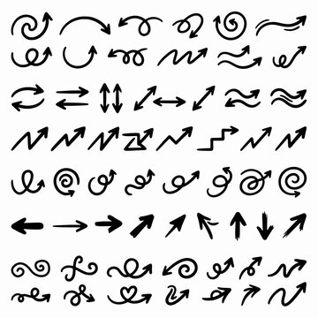 Hand Drawn Doodle Arrow and Pointer Icon Set with Hand Pointers, Starbursts and Navigation Symbols