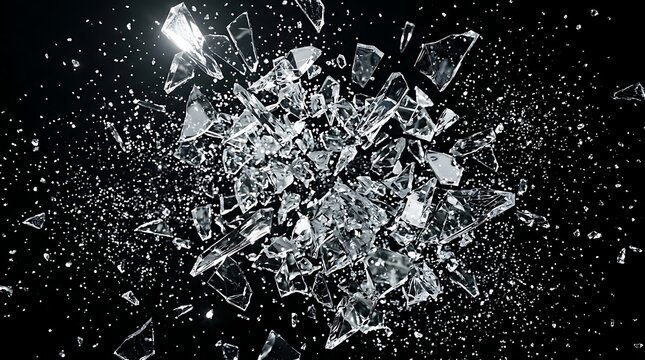 Shattered glass fragments explode outwards against a dark background, creating a dynamic and abstract visual effect.