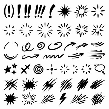 Hand drawn doodle element collection featuring arrows sparks scribbles and expressive comic art icons for creative concept design projects
