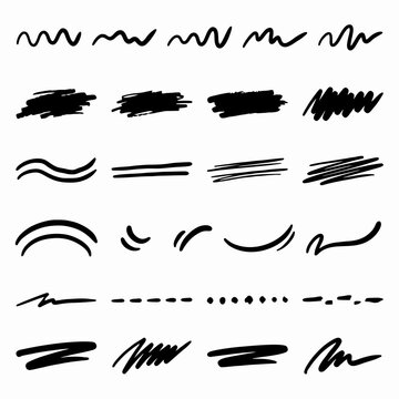 Set of black ink scribbles and hand-drawn brush strokes featuring marker lines and graphic design elements for artistic projects