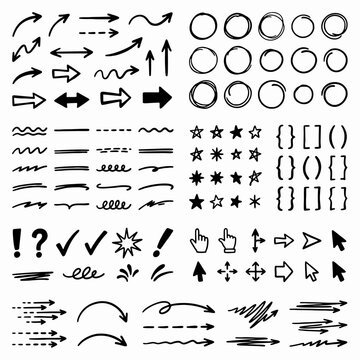 Hand-drawn doodles set of arrows, circles, stars, brackets, punctuation, and computer cursors