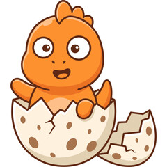 Fototapeta premium Cute Cartoon Baby Dinosaur Hatching From Speckled Egg Shell Orange Dino Character Illustration