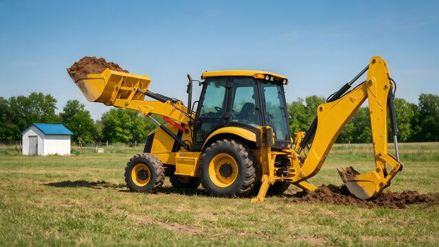 Yellow backhoe loader working on a rural construction site, with a large bucket digging soil near a haystack under a clear blue sky
