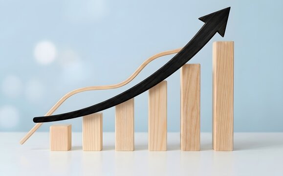 A black upward trending aroow on wooden blocks bars