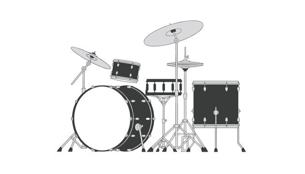 Full acoustic drum kit with bass drum snare tom-toms and cymbals shown in a clean flat vector illustration.