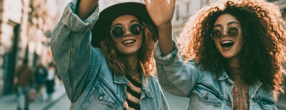 Two young women friends waving and smiling in trendy outfits on city street  