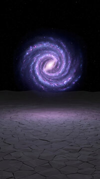 A vibrant purple spiral galaxy looms over a desolate cracked planetary surface under a starry sky