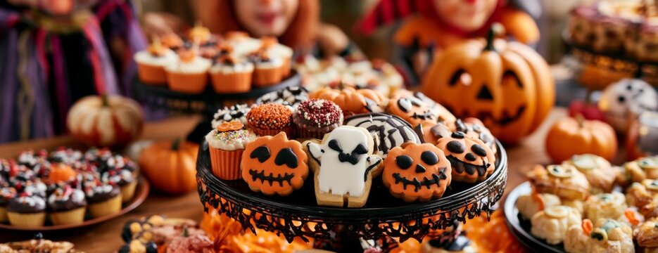 Festive Halloween desserts and treats on a decorative table  