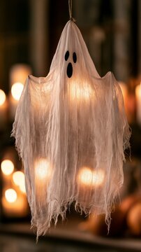 Ghost decoration with glowing lights in a festive atmosphere, vertical photo  