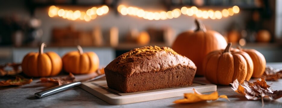 Freshly baked pumpkin bread on wooden board with autumn decor  