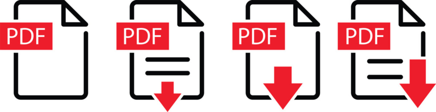 PDF file format icons set. PDF file download symbols. Format for texts, images, vector images, videos, interactive forms - stock vector.
