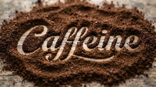 Close up view of ground coffee with the word Caffeine written in the powder for food and beverage interest and health concepts