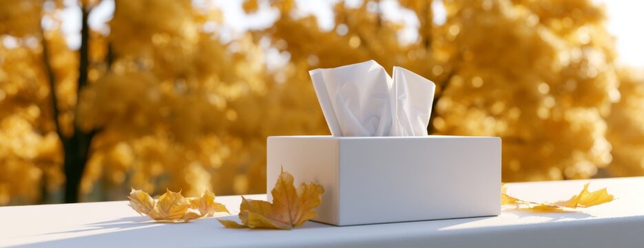 White tissue box filled with napkins on a table in autumn setting  