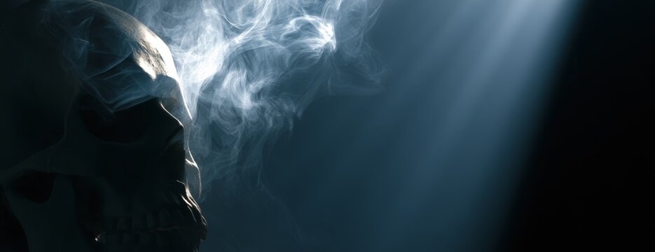 Skull with smoke on a dark background illuminated by light  