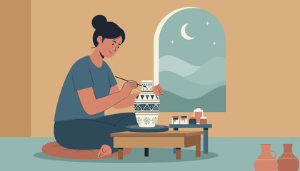 Fototapeta premium Creative young female artist painting beautiful geometric patterns on a ceramic vase in her cozy studio at night.