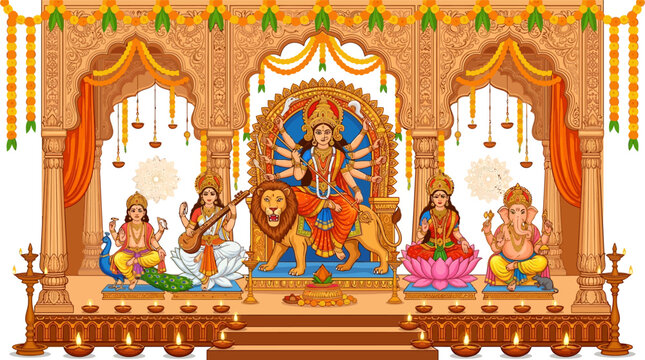 Detailed vector illustration of Hindu Goddess Durga riding a lion with deities Ganesha, Lakshmi, Saraswati, and Kartikeya inside a golden pandal with marigold garlands and oil lamps.