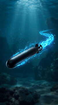 Sleek black torpedo speeding through deep blue water propelled by a glowing blue energy trail