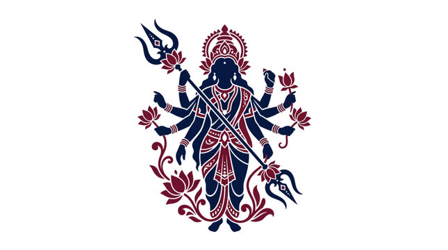 Minimalist vector art of Hindu Goddess Durga with eight arms holding a trident and lotus flowers. Elegant navy blue and maroon spiritual deity icon isolated on white background.