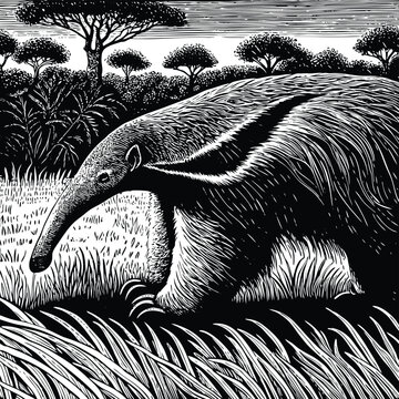 A striking black and white vector illustration of a giant anteater walking with its distinctive long snout and bushy tail, perfect for educational and wildlife content