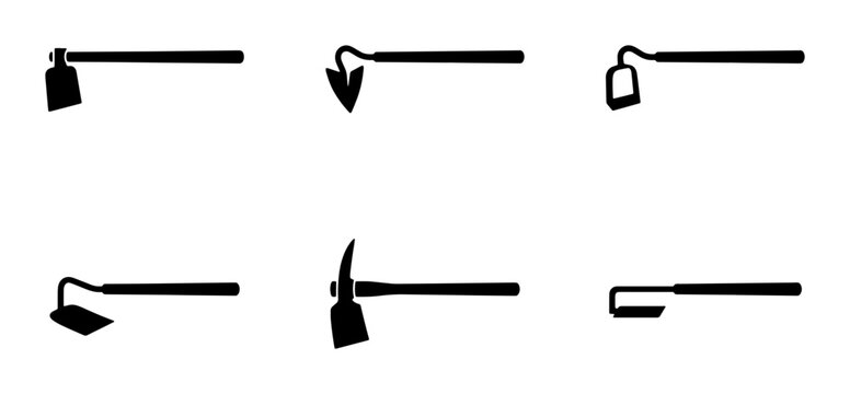 Gardening Tools Icons: Hoes, Pickaxe, and Cultivator Vector Set for Agriculture and Farming