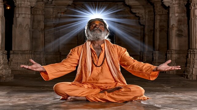An elder with a glowing aura meditates in a spiritual setting.