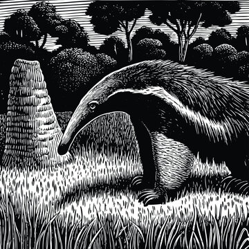 A striking black and white vector illustration of a giant anteater walking with its distinctive long snout and bushy tail, perfect for educational and wildlife content