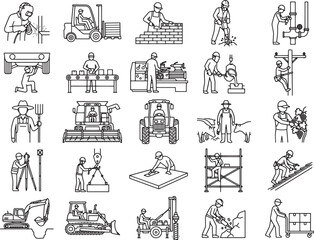 Fototapeta premium A collection of line art illustrations depicting various construction and industrial activities, showcasing workers engaged in diverse manual labor and operating machinery.