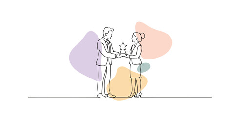 Fototapeta premium Line art drawing of a businesswoman receiving an award from her boss in an office. One continuous line drawing for achievement, recognition, career success, and appreciation.