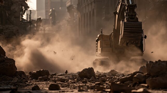 Heavy machinery demolishes structures amidst a cloud of dust and debris.