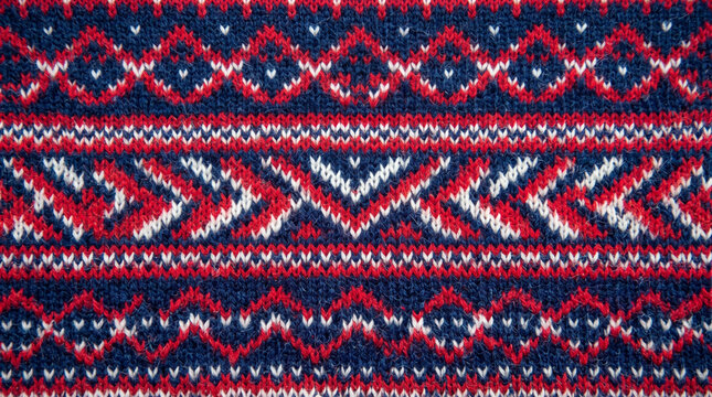 Vibrant geometric pattern with repeating tribal motifs in shades of red and blue