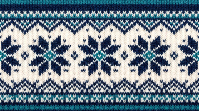 Seamless nordic pattern with snowflakes and geometric shapes in shades of blue and white