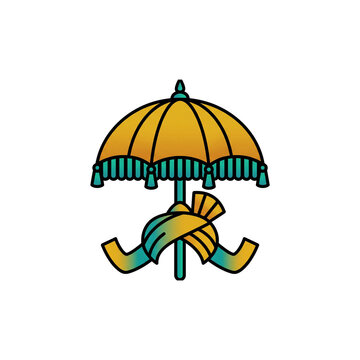 Traditional Indian wedding umbrella with royal turban, decorative yellow ceremonial parasol, cultural marriage icon on white background