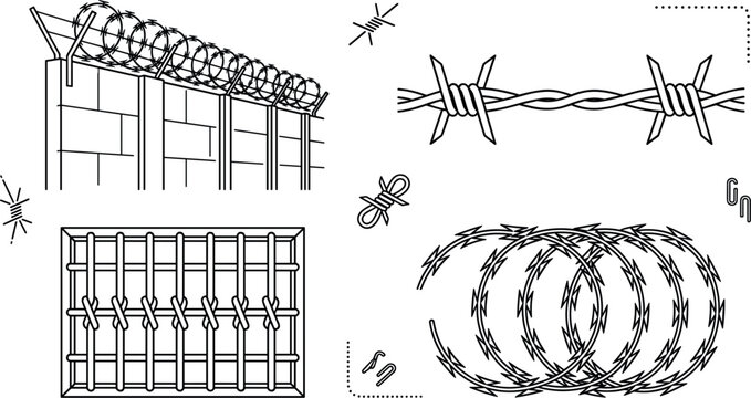 Barbed Wire and Prison Fence Line Art Set with Concertina Coils and Window Bars for Security Vector Design