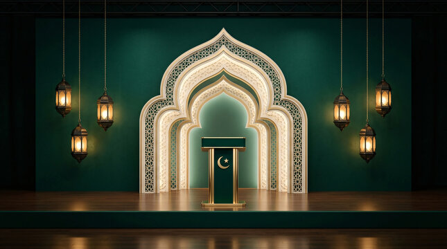 Elegant Islamic podium stage with glowing lanterns and ornate archway for religious events.