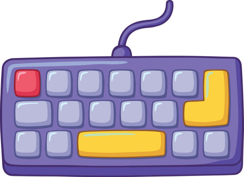 Purple keyboard with red and yellow keys. Purple computer keyboard with colored keys for gaming or office use