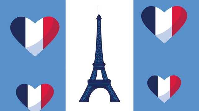 Eiffel tower animation with French flag hearts on blue background motion graphic.