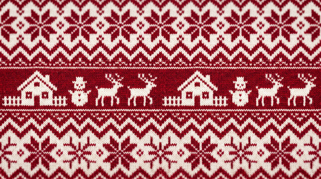 Seamless nordic pattern with reindeer houses and traditional winter snowflake designs