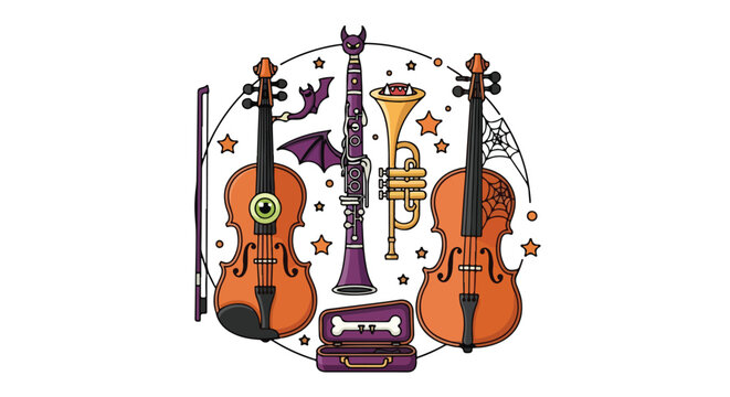 Spooky Halloween musical instruments composition with violins and trumpet.