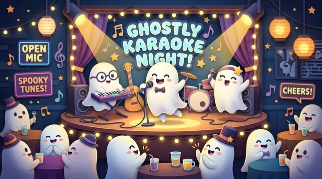 Adorable ghosts playing musical instruments on stage at lively halloween open mic event.