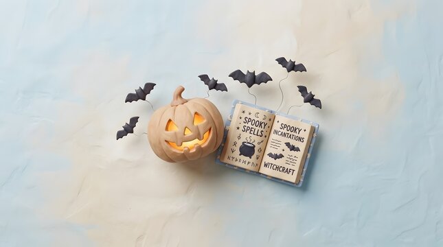 Halloween spellbook flat lay with glowing clay pumpkin and flying bats on blue background.
