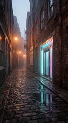 Fototapeta premium Misty cobblestone alley with glowing street lamps and neon doorway, historic brick architecture blending with modern lights, atmospheric urban travel scene for cultural exploration